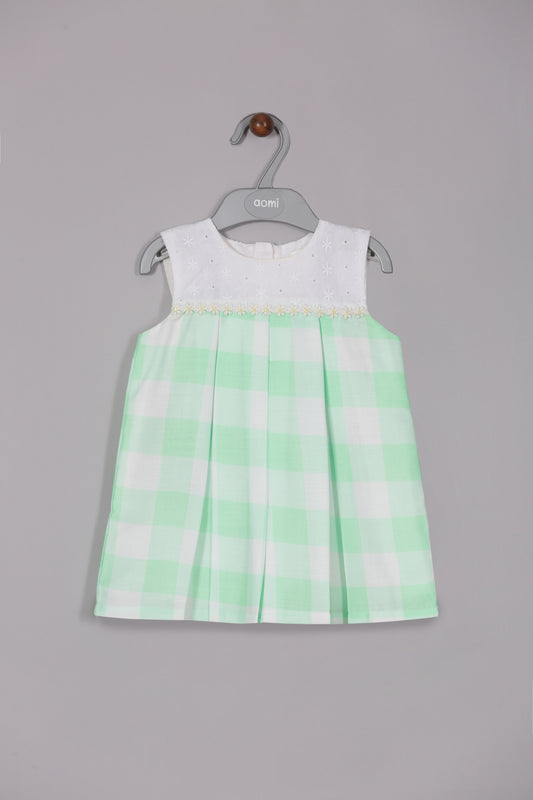 Aomi cotton blend Sleeveless Embroidered Yoke With Blue Check Pattern & Cotton Lining Dress - Green