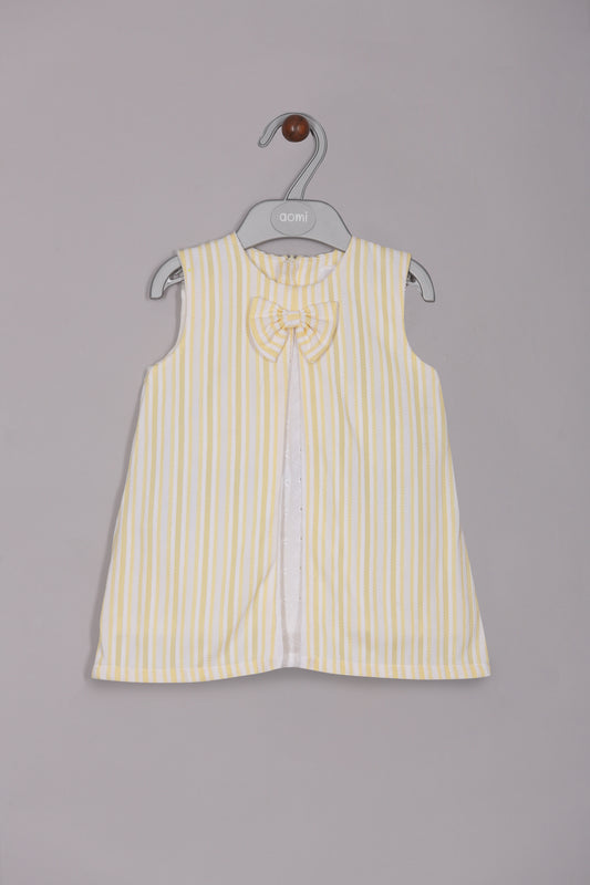 Aomi cotton mixes Sleeveless Striped With Bow Detail & Front Button Placket Dress - Yellow