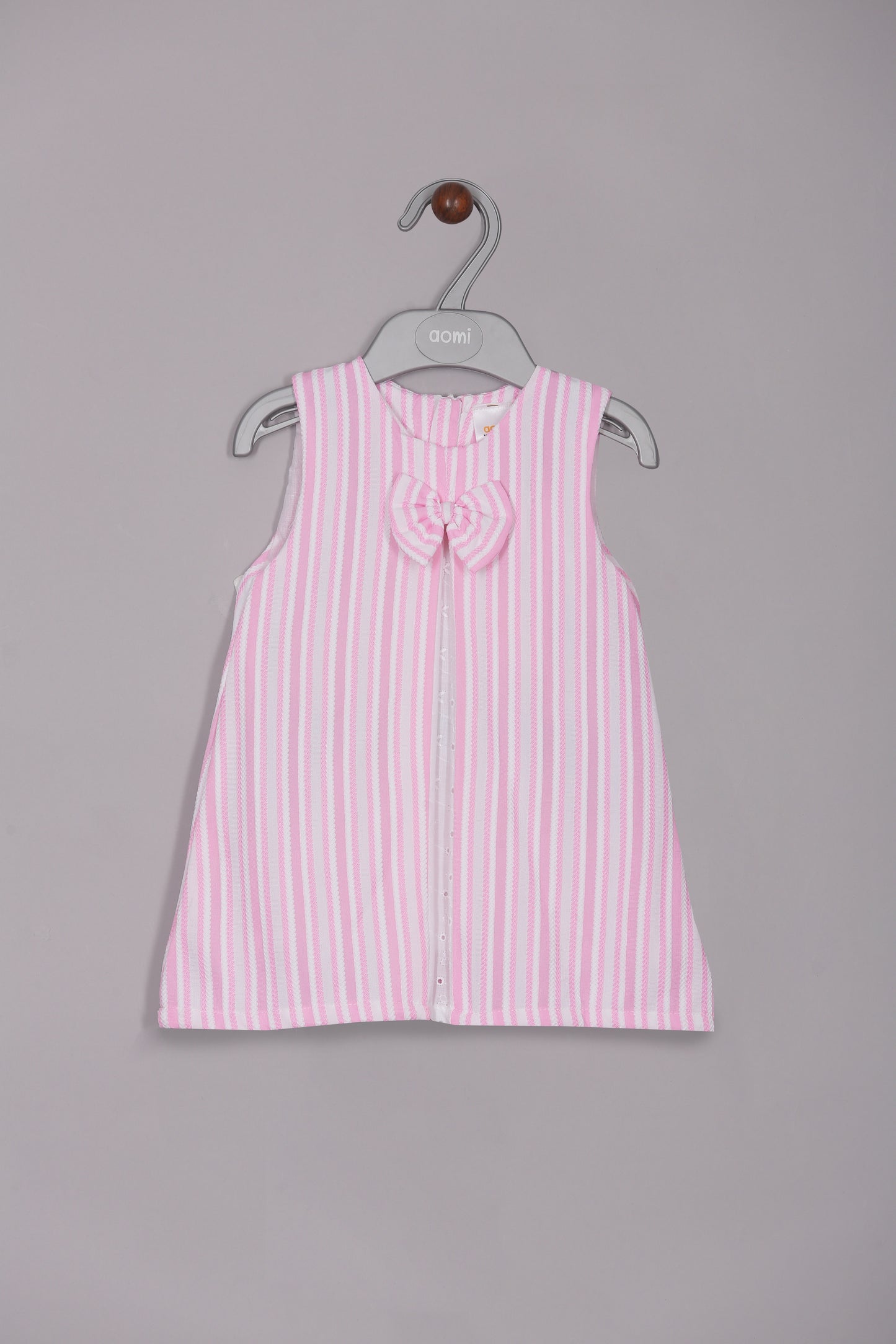 Aomi cotton mixes Sleeveless Striped With Bow Detail & Front Button Placket Dress - Pink