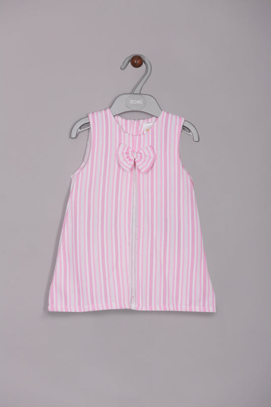 Aomi cotton mixes Sleeveless Striped With Bow Detail & Front Button Placket Dress - Pink