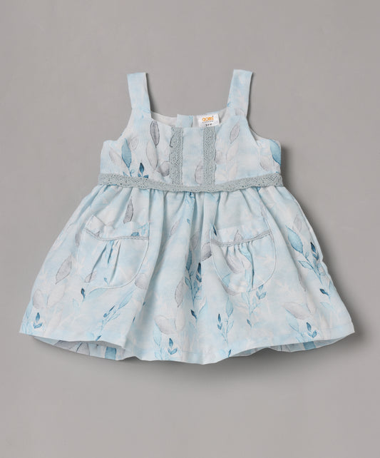 Aomi cotton blend Floral Leaf Print Sleeveless With Lace Waist Detail Dress - Blue