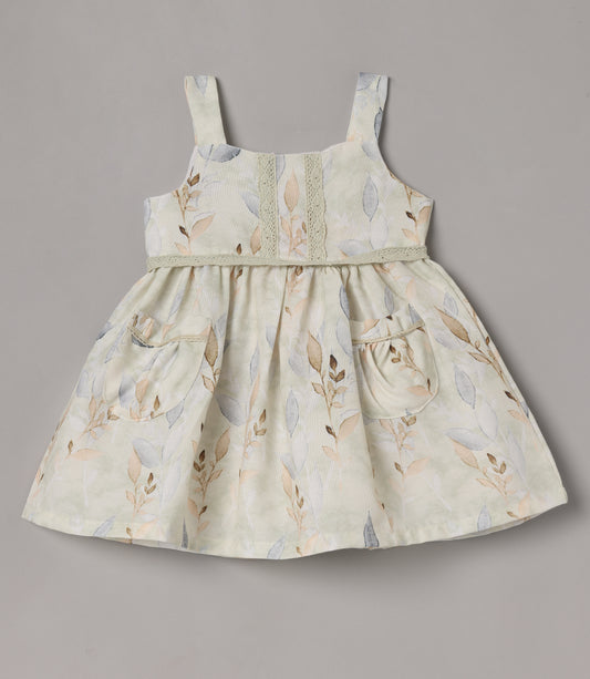 Aomi cotton blend Floral Leaf Print Sleeveless With Lace Waist Detail Dress - Green