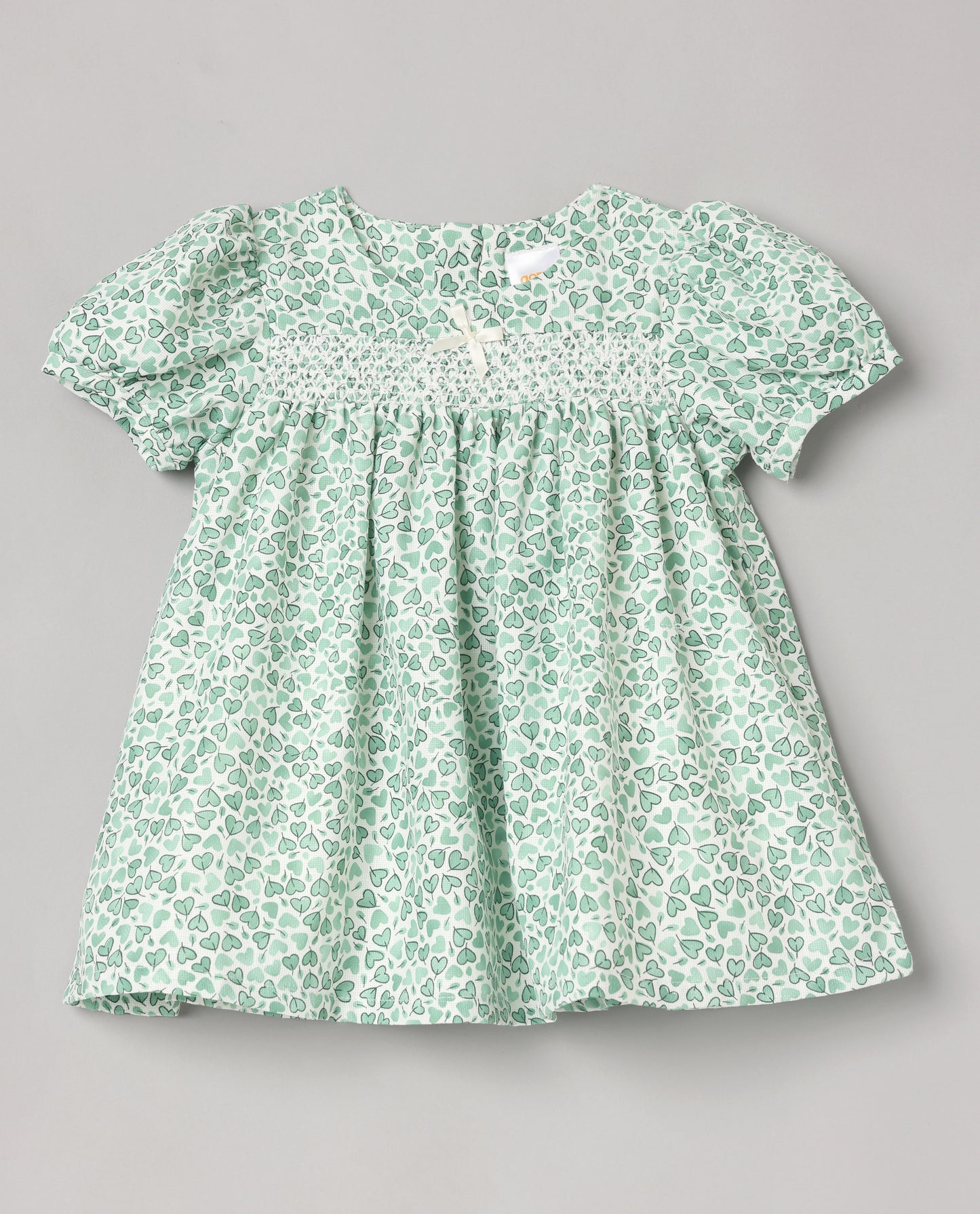Aomi jute Heart Print Smocked Puff Sleeve With Bow Detail Dress - Green