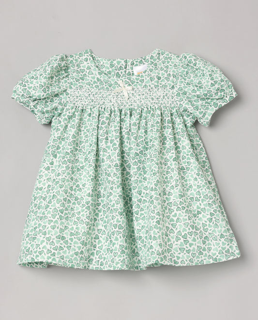 Aomi jute Heart Print Smocked Puff Sleeve With Bow Detail Dress - Green