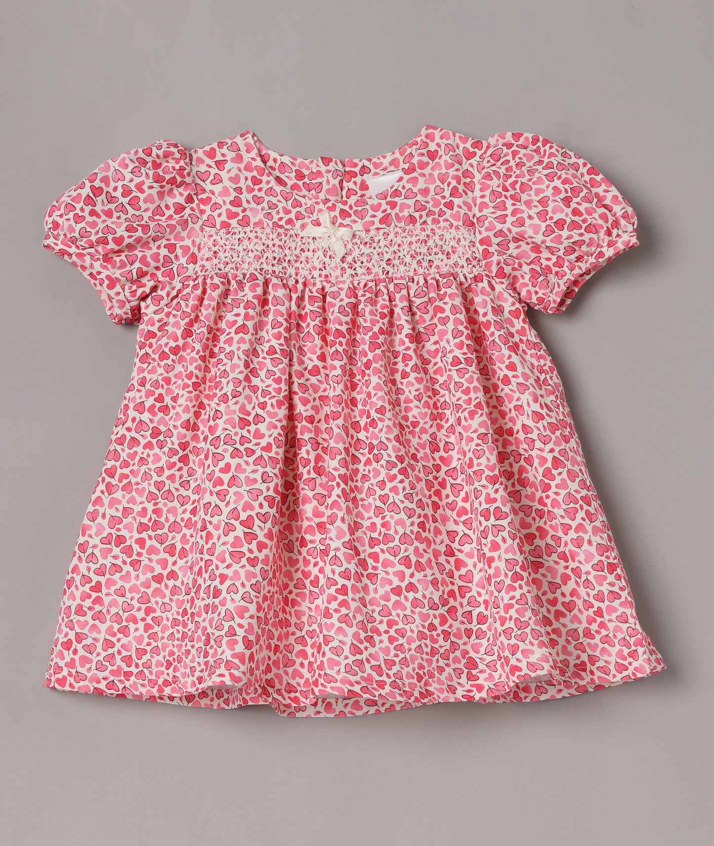 Aomi jute Heart Print Smocked Puff Sleeve With Bow Detail Dress - Coral