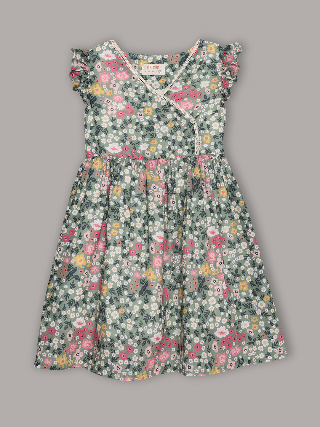 Minimaio Cotton Woven ruffle Sleeves Floral Printed Dress - Green