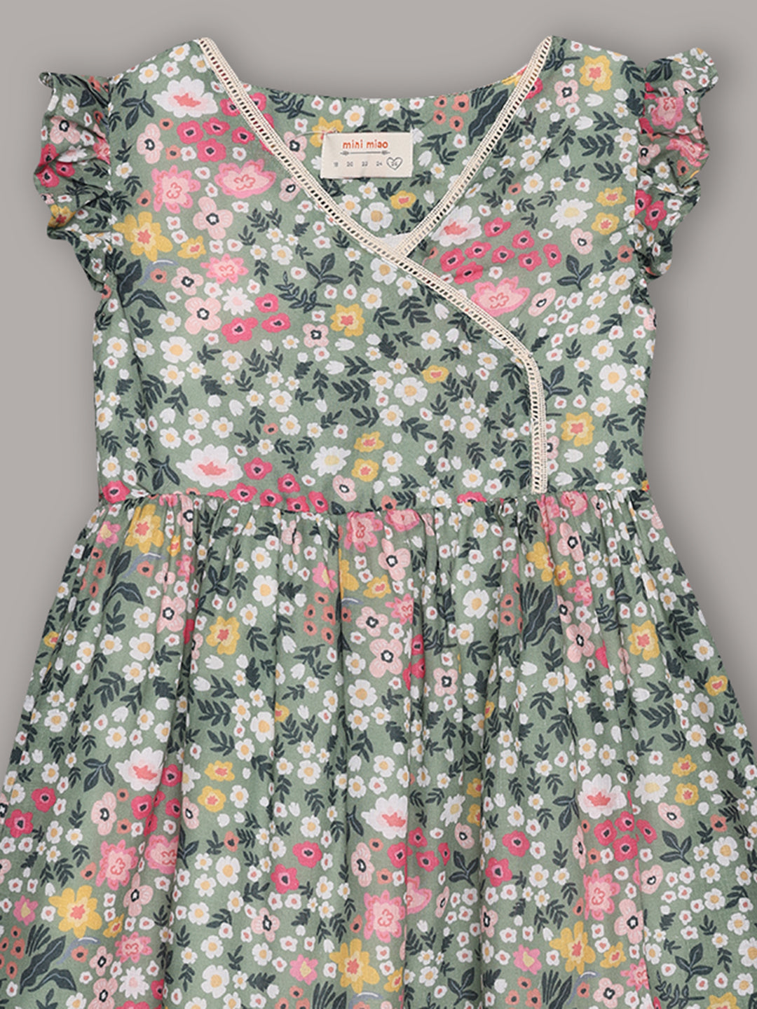 Minimaio Cotton Woven ruffle Sleeves Floral Printed Dress - Green