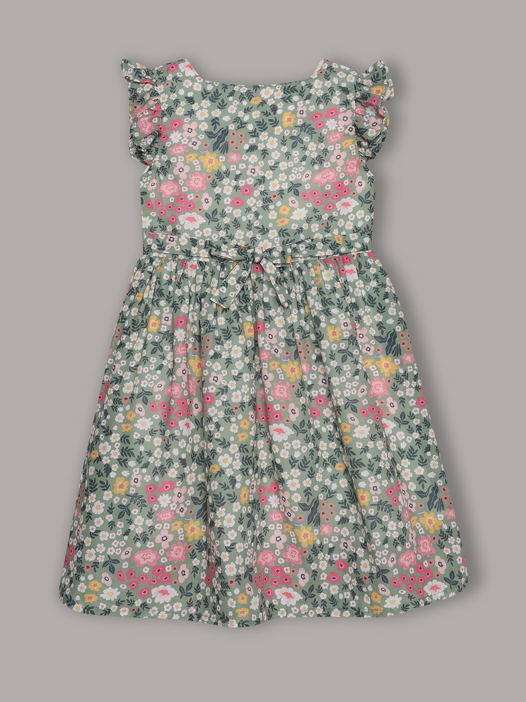 Minimaio Cotton Woven ruffle Sleeves Floral Printed Dress - Green