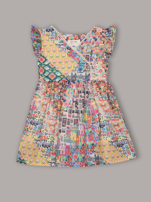 Minimaio Cotton Woven ruffle Sleeves Floral Printed Dress - Yellow