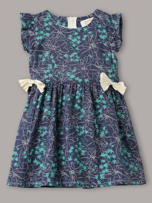 Minimaio Cotton Woven Ruffle Sleeves  Floral Printed Dress -  Navy