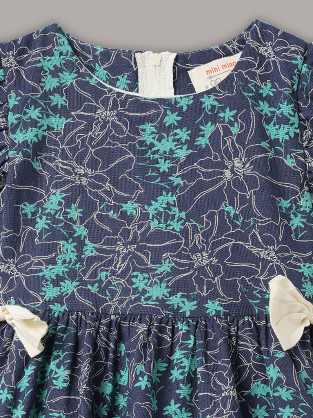 Minimaio Cotton Woven Ruffle Sleeves  Floral Printed Dress -  Navy