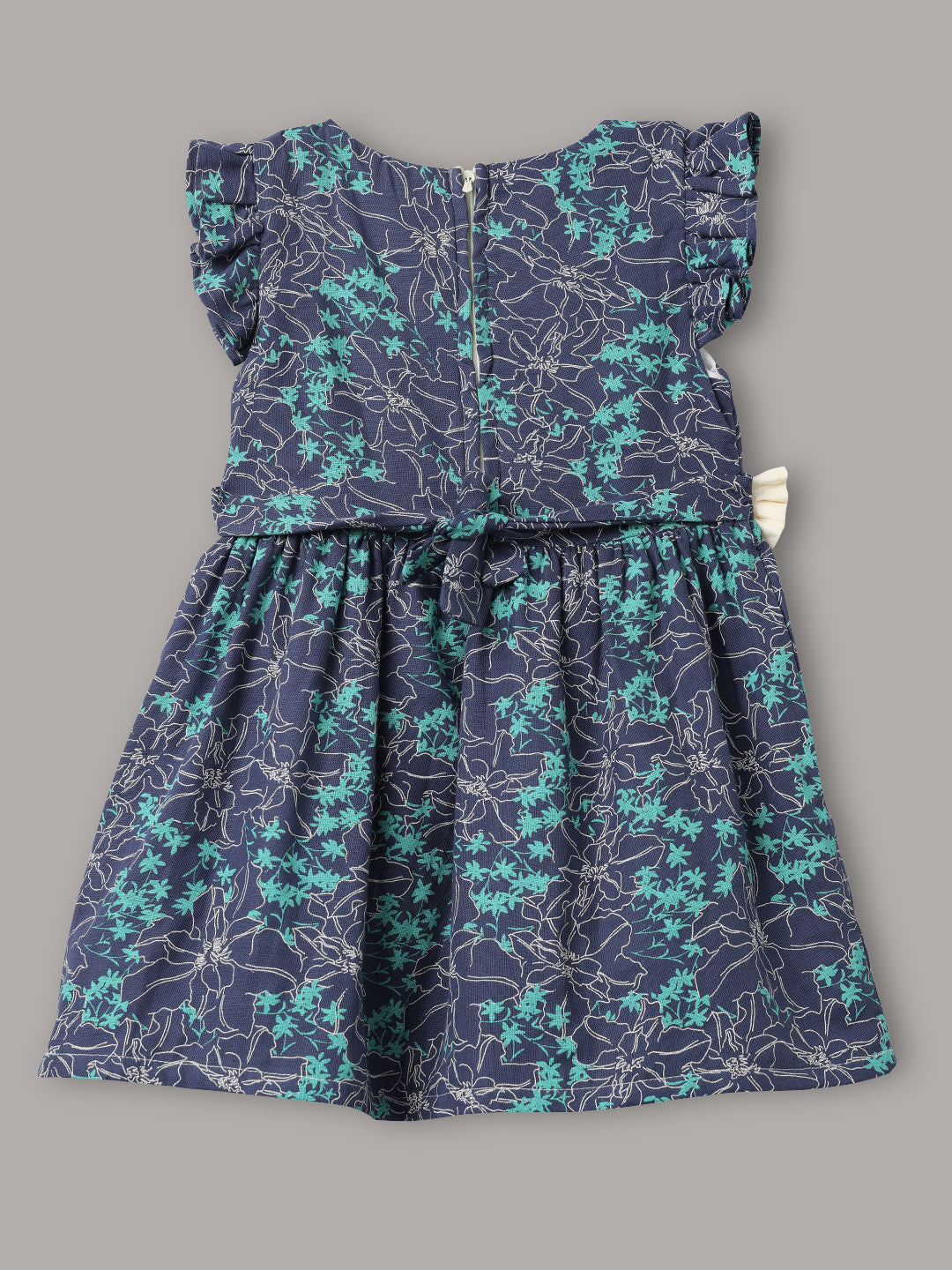 Minimaio Cotton Woven Ruffle Sleeves  Floral Printed Dress -  Navy
