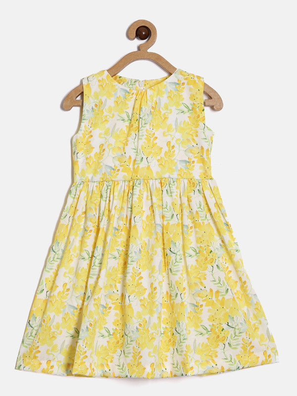 Girls Yellow Floral Printed Crepe Fit & Flare Dress