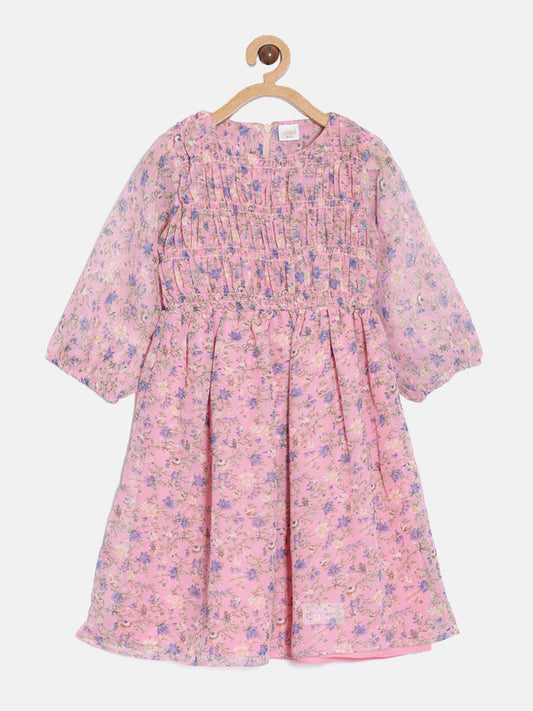 aomi Georgette Girls Dress with 3/4th Sleeves and Smocking on the Yoke, Peach