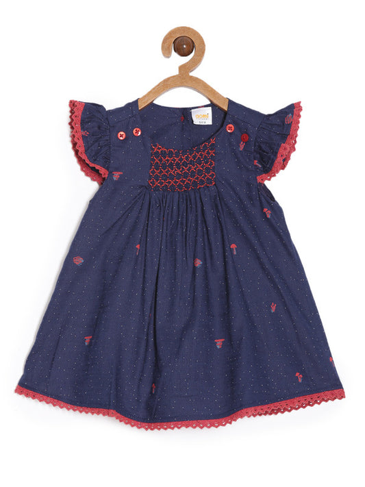 aomi Cotton Infant Smocked Dress with Flutter Sleeves and Lace, Navy