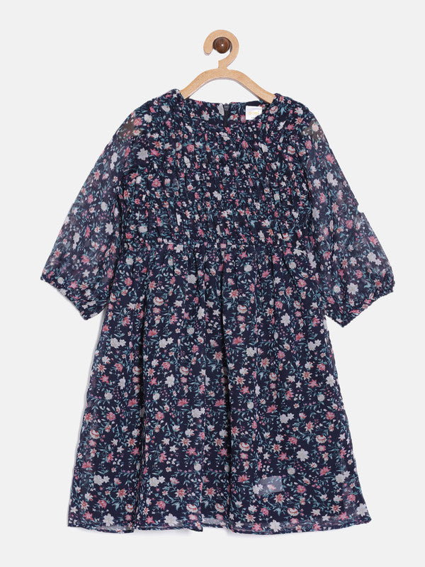 aomi Georgette Girls Dress with 3/4th Sleeves and Smocking on the Yoke, Navy