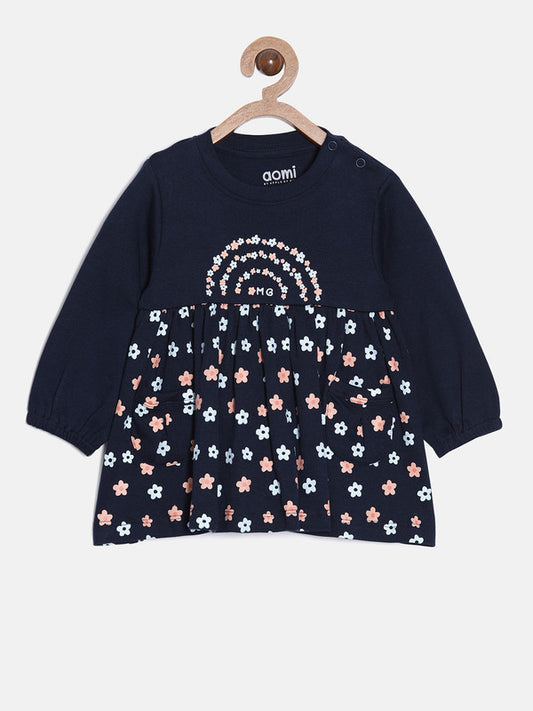 aomi Cotton Infant Girls OMG Floral Print Short Body Dress,Navy