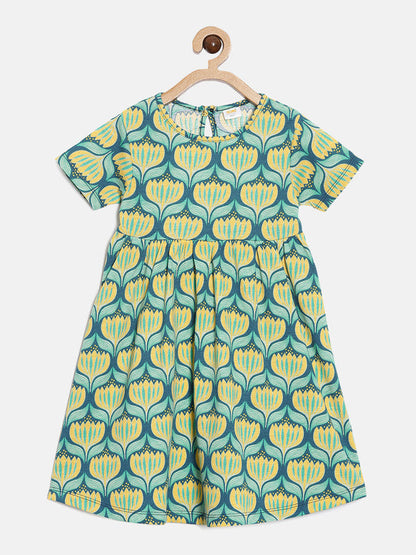 Girls Green Printed Fit and Flare Dress