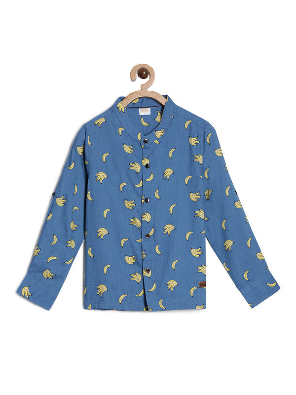 Cotton Full Sleeved Boy's Mandarin Collar Shirt, Blue