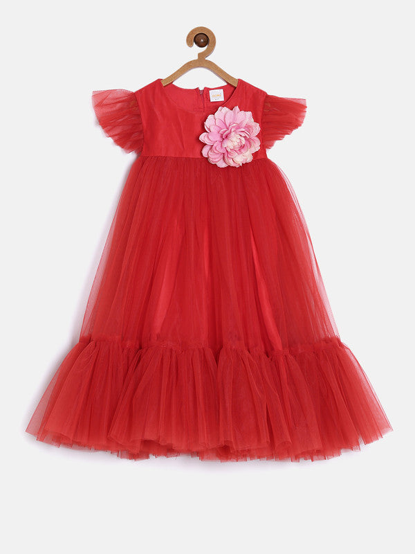 aomi Tulle Girls Ruffled Party Dress with Flower Accessories , Red