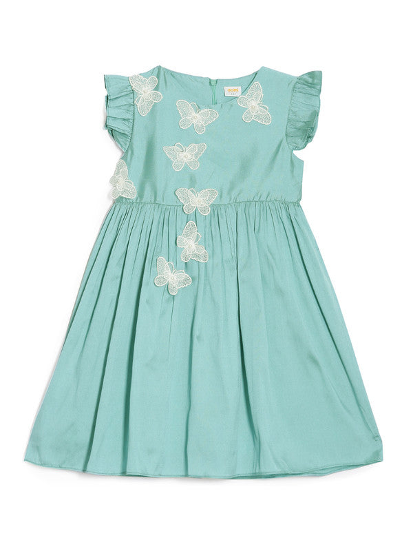 aomi Girls Taffeta Fit and Flare Dress with Lace Butterfly, Sea Blue