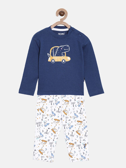 aomi Cotton Infant Boys Dino Print T shirt and Pant Set,Blue