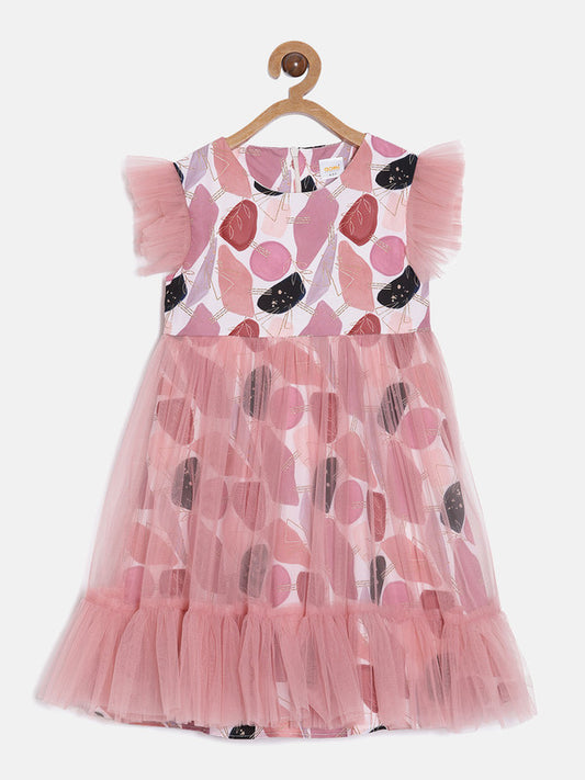 aomi Girls Taffeta Printed Sleeeveless Dress with Tulle Overlay,Peach
