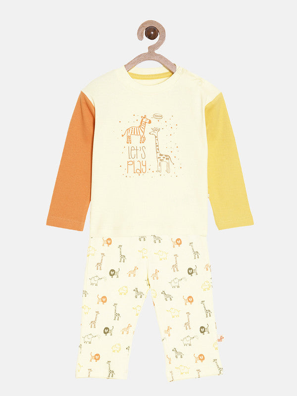 aomi Cotton Infant Boys Zoo Print T shirt and Pant Set, Cream