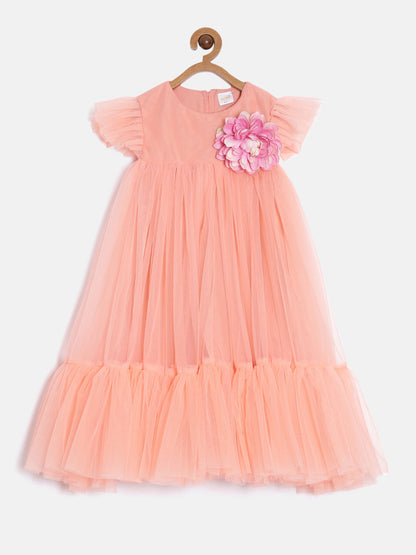 aomi Tulle Girls Ruffled Party Dress with Flower Accessories , Peach