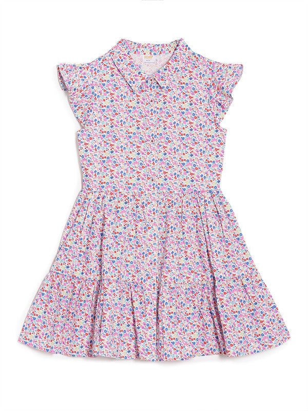 aomi Girls Printed Cotton Casual Layered Dress, Pink