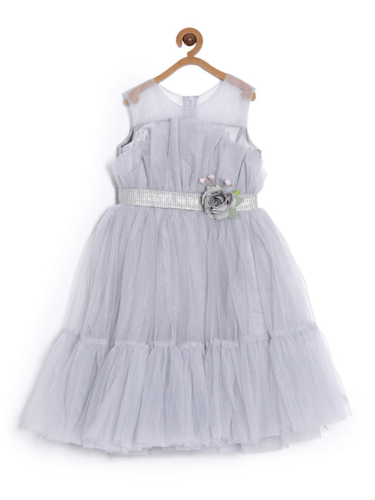 aomi Tulle Fancy Girls Party Gown with Flower Accessories ,Grey