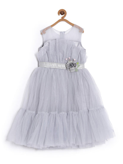 aomi Tulle Fancy Girls Party Gown with Flower Accessories ,Grey