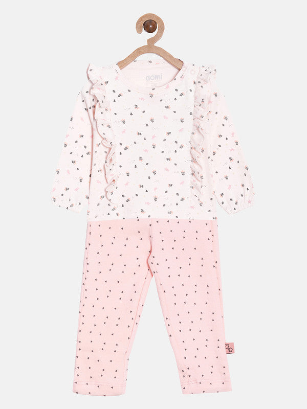 aomi Cotton Infant Girls Floral Print Top and Pant Set, Pink