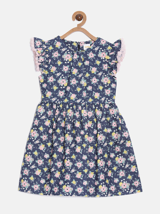 aomi Linen Girls Fit and Flare Dress with Lace Accents, Navy