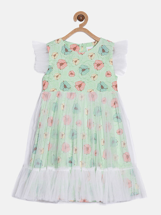 aomi Girls Taffeta Printed Sleeeveless Dress with Tulle Overlay,Mint