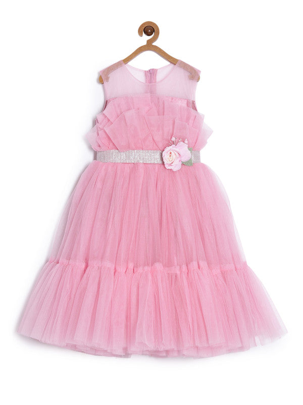 aomi Tulle Fancy Girls Party Gown with Flower Accessories ,Pink