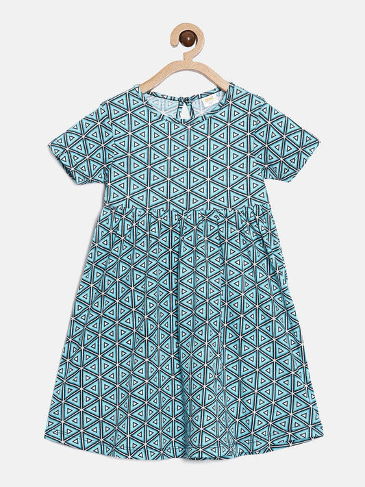 Girls Blue Printed Fit and Flare Dress