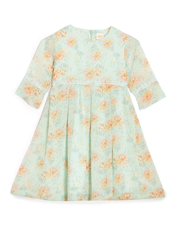 aomi Georgette Dress with Box Pleats and Lace, Light Blue