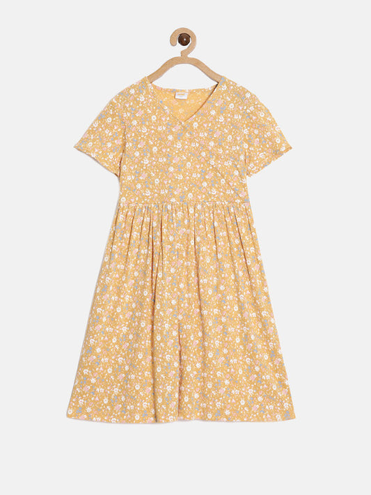 Aomi Girls Knit Printed Fit and Flare Dress, Yellow