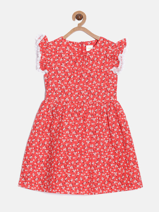 aomi Linen Girls Fit and Flare Dress with Lace Accents, Red