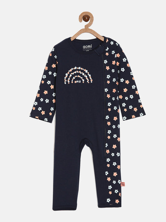 aomi Cotton Infant Girls OMG Floral Print Zipped Romper, Navy