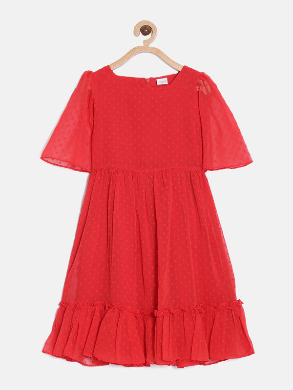 aomi Georgette Girls Solid Bell Sleeved Dress with Ruffled Hem, Red