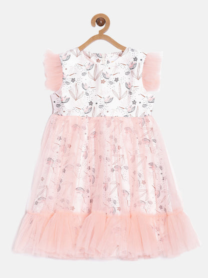aomi Taffeta Girls Printed Sleeeveless Dress with Tulle Overlay, Peach