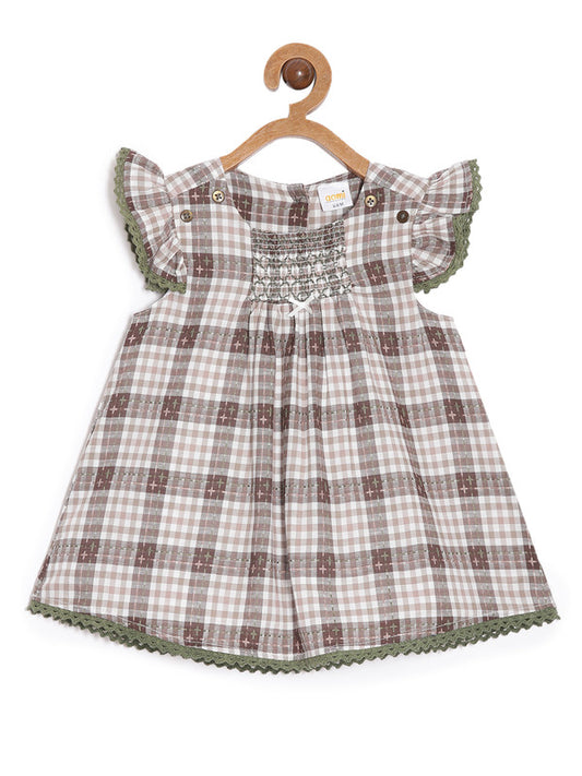 aomi Cotton Infant Smocked Dress with Flutter Sleeves and Lace, Brown & White