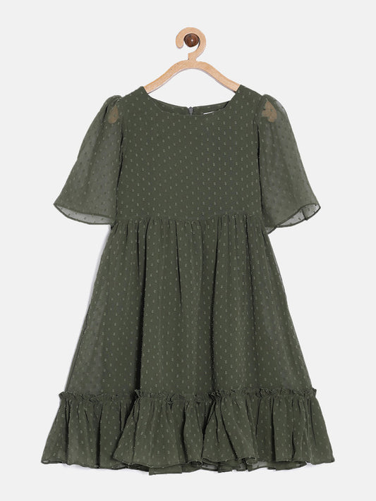 aomi Georgette Girls Solid Bell Sleeved Dress with Ruffled Hem, Olive