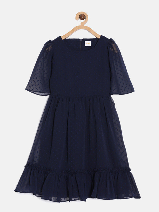 aomi Georgette Girls Solid Bell Sleeved Dress with Ruffled Hem, Navy