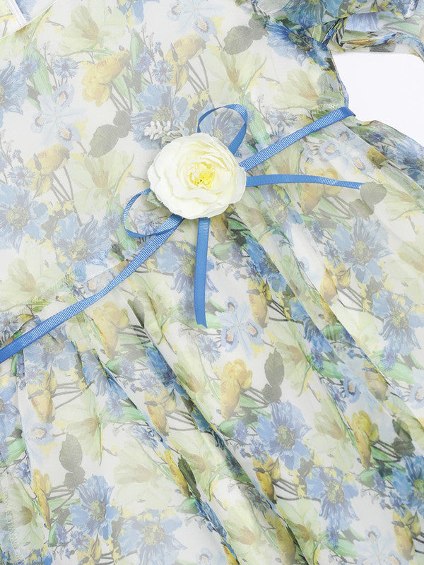 aomi Organza Girls Empire Cut Dress with Flower Accessories, Yellow