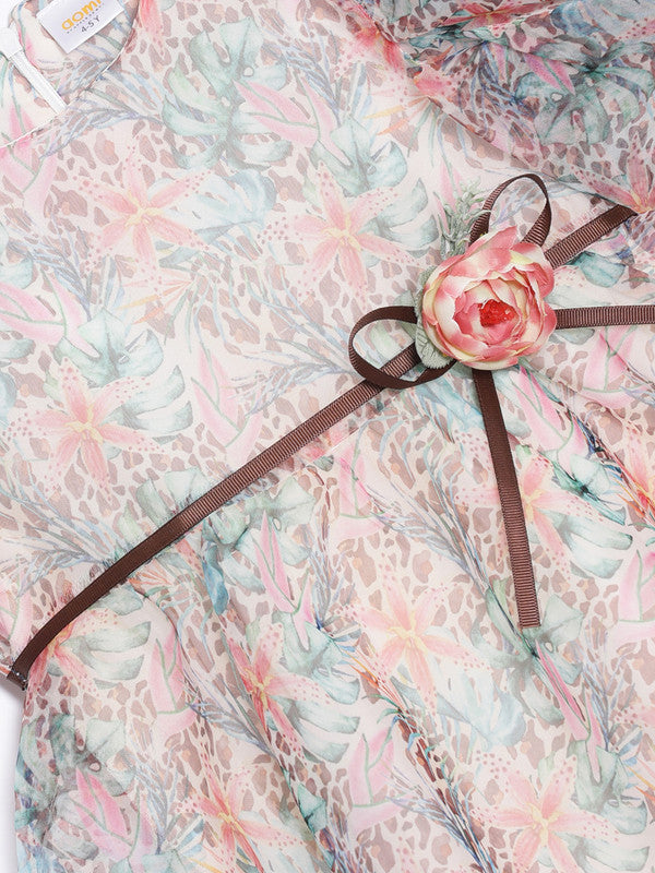 aomi Organza Girls Empire Cut Dress with Flower Accessories, Pink