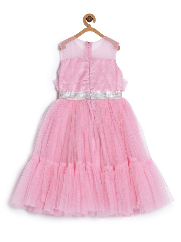 aomi Tulle Fancy Girls Party Gown with Flower Accessories ,Pink