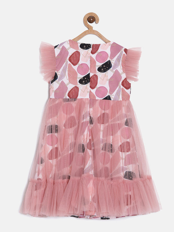 aomi Girls Taffeta Printed Sleeeveless Dress with Tulle Overlay,Peach